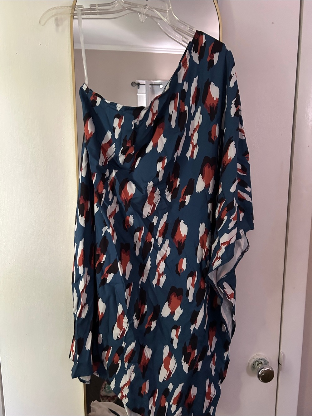 SHEIN One-Shoulder Teal Abstract Print Dress with Red and White Accents